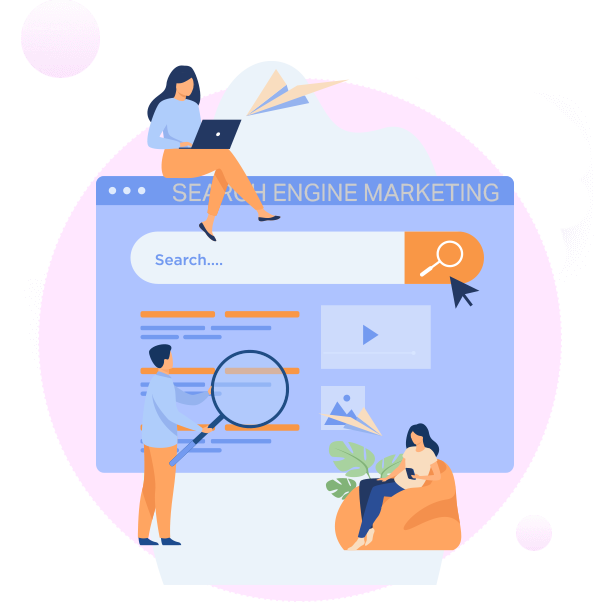 Infographic Cartoon people surrounding a Search Results Page